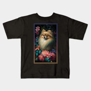 Pomeranian Dog Vibrant Tropical Flower Tall Digital Oil Painting Portrait 3 Kids T-Shirt